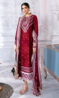 Embroidered Chiffon Dupatta with Embroidered Chiffon Pallu – 2.5 meters Embroidered Lawn Front & Back, Embroidered Lawn Side Panels, Embroidered Lawn Sleeves – 2.87 meters Dyed Trouser – 1.75 meters Embroidered Border for Front & Back