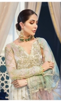 Hand-embellished, embroidered & sequined chiffon front Embroidered & sequined chiffon side panel Embroidered & sequined chiffon back Embroidered & sequined chiffon sleeves Embroidered & sequined chatta patti net dupatta Adda-worked, embroidered & sequined organza patch for neckline Embroidered & sequined chiffon border for front Embroidered & sequined chiffon border for back Embroidered & sequined chiffon border for sleeves Embroidered & sequined organza border for trouser Dyed inner shirt lining Dyed raw silk trouser
