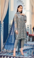 Hand-embellished, embroidered & sequined chiffon front Embroidered & sequined chiffon side panel Embroidered & sequined chiffon back Embroidered & sequined chiffon sleeves Embroidered & sequined chiffon dupatta Embroidered & sequined chiffon border for dupatta pallu Adda-worked, embroidered & sequined organza patch for neckline Embroidered & sequined chiffon border for front Embroidered & sequined chiffon border for back Embroidered & sequined organza motifs for sleeves Embroidered & sequined organza border for trouser Dyed inner shirt lining Dyed raw silk trouser