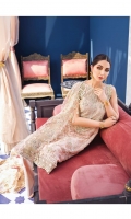 Hand embellished, embroidered & sequined net front Embroidered & sequined side panel Adda-worked, Embroidered & sequined neckline Embroidered & sequined net sleeves Embroidered & sequined net back Embroidered & sequined net dupatta Embroidered & sequined net dupatta pallu Embroidered & sequined border for shirt front Embroidered & sequined border for shirt back Embroidered & sequined motif for trouser Dyed raw silk trouser Dyed inner shirt lining