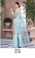 Adda-worked, embroidered & sequined net shirt front Embroidered & sequined net side panel Embroidered & sequined net back Embroidered & sequined net sleeves Embroidered & sequined net dupatta Embroidered & sequined net dupatta pallu Embroidered & sequined net border for front Embroidered & sequined net border for back Embroidered & sequined net border for sleeves Embroidered & sequined net border for neckline Embroidered & sequined net motifs for sleeves Dyed raw silk trouser Dyed inner shirt lining
