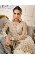 Hand embellished, embroidered & sequined net front center panel Embroidered & sequined left panel for front Embroidered & sequined right panel for front Embroidered & sequined net sleeves Embroidered & sequined net back Crystal embellished & embroidered net dupatta Embroidered & sequined net pallu patch border for dupatta Hand worked, embroidered & sequined net patch for neckline Embroidered & sequined net border for front Embroidered & sequined net border for back Embroidered & sequined net border for sleeves Hand embellished, embroidered & sequined motif for trouser Dyed raw silk trouser Dyed inner shirt lining