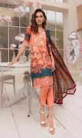 Digitally printed lawn shirt  Digitally printed chiffon dupatta  Digitally printed trouser  Embroidered border for shirt front  Embroidered border for sleeves  Embroidered patch for neckline 