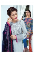 Fully embroidered dobby lawn shirt 3.00m Digitally printed chiffon dupatta 2.50m Dyed cotton trouser 2.50m Embroidered organza patch for neckline 1 pc Embroidered organza border for shirt front 1.00m Embroidered organza border for shirt back 1.00m Embroidered organza border for sleeves 1.00m Embroidered organza border for trouser 1.00m