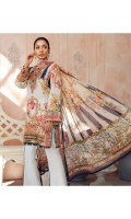 Digitally printed lawn shirt Digitally printed chiffon dupatta Dyed cotton trouser Embroidered organza border for neckline Embroidered organza border for shirt front Embroidered organza border for sleeves