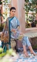 Digitally printed lawn shirt Digitally printed chiffon dupatta Dyed cotton trouser Embroidered organza patch for neckline Embroidered organza border for shirt front Embroidered organza border for sleeves Embroidered organza motifs for trouser