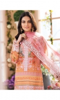 Digitally printed lawn shirt Embroidered net dupatta Embroidered net dupatta pallu border White paste print cotton trouser Embroidered organza border for neckline Embroidered organza border for shirt front Embroidered organza border for sleeves