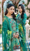 Digitally printed lawn shirt Digitally printed chiffon dupatta Dyed cotton trouser Embroidered organza patch for neckline Embroidered organza border for shirt front Embroidered organza border for sleeves Embroidered organza border for trouser