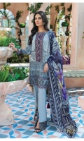 Digitally printed lawn shirt Digitally printed chiffon dupatta Dyed cotton trouser Embroidered organza border for neckline Embroidered organza border for shirt front Embroidered organza border for sleeves Embroidered organza border for trouser