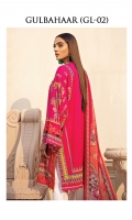 Digitally printed lawn shirt Digitally printed chiffon dupatta Dyed cotton trouser Embroidered organza border for neckline Embroidered organza border for shirt front Embroidered organza border for sleeves Embroidered organza motifs for trouser