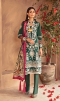 Embroidered lawn front Embroidered lawn side panel for front Digitally printed lawn sleeves Digitally printed lawn back Digitally printed chiffon dupatta Dyed cotton trouser Dori-worked and embroidered silk neckline Embroidered silk border for front Embroidered silk border for back Embroidered silk border for sleeves (A) Embroidered silk border for sleeves (B) Embroidered silk motif for sleeves Embroidered silk border for trouser