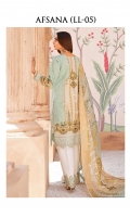 Sheesha-worked, fully embroidered lawn front Digitally printed lawn side panel for front Digitally printed lawn sleeves Digitally printed lawn back Digitally printed organza jacquard dupatta Dyed cotton trouser Sheesha-worked & embroidered silk border for front Sheesha-worked & embroidered silk border for back Sheesha-worked & embroidered silk border for sleeves Sheesha-worked & embroidered silk border for trouser