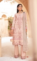 Fully embroidered self-jacquard shirt front Embroidered self-jacquard side panel Digitally printed self-jacquard back Digitally printed self-jacquard sleeves Digitally printed chiffon dupatta Dyed cotton trouser Embroidered silk border for front Embroidered silk border for back Embroidered silk border for sleeves Embroidered silk border for trouser