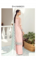 Embroidered chiffon front Embroidered chiffon side panel Embroidered chiffon sleeves Embroidered chiffon back Embroidered chiffon dupatta Embroidered silk border for front Embroidered silk border for back Embroidered silk border for sleeves Embroidered silk border for dupatta (lilac) Dyed inner shirt lining Dyed raw silk trouser