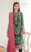 Embroidered chiffon front Embroidered chiffon side panel Embroidered chiffon sleeves Embroidered chiffon back Embroidered net dupatta Embroidered & sequined silk border for dupatta Embroidered & sequined silk border for front Embroidered & sequined silk border for back Embroidered & sequined silk border for sleeves Dyed inner shirt lining Dyed raw silk trouser