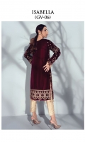 Adda-worked, embroidered & sequined velvet front Embroidered & sequined velvet side panel Embroidered & sequined velvet sleeves Plain velvet back Embroidered & sequined velvet border for front Embroidered & sequined velvet border for back Dyed gold jaamawaar trouser