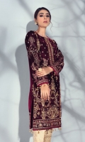 Adda-worked, embroidered & sequined velvet front Embroidered & sequined velvet side panel Embroidered & sequined velvet sleeves Plain velvet back Embroidered & sequined velvet border for front Embroidered & sequined velvet border for back Dyed gold jaamawaar trouser