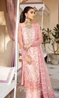 Adda-worked, embroidered & sequined net front shirt Embroidered & sequined net side panel Embroidered & sequined net sleeves Embroidered & sequined net back Embroidered & sequined net border for front Embroidered & sequined net border for back Embroidered & sequined net border for sleeves Embroidered & sequined net dupatta Embroidered & sequined organza dupatta pallu (A) Embroidered & sequined organza dupatta pallu (B) Embroidered & sequined silk border for dupatta Dyed inner shirt lining Dyed raw silk fabric