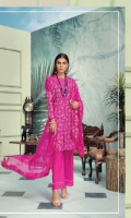 Jacquard Cambric Shirt  With Heavy Embroidered Front Jacquard Cambric With Heavy Embroidered Back Jacquard Cambric Embroidered Sleeves Embroidered Bamber Chiffon Dupatta Dyed Cotton Trouser
