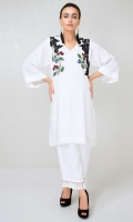 White grip silk shirt with black lace applique and hand worked stone motifs in a flared sleeve design