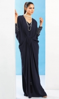 Grip silk kaftaan style gown in navy blue with pearl and diamonte’ worked sleeves and tassel detailing