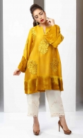 Yellow Gold cotton net flared shirt with patchwork embroidery and velvet accents