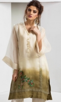 Shaded organza kurta in an off-white and olive green colour with crochet lace detailing and sequined tree motif embellishment, accompanied by off-white silk wide leg pants with embroidered organza duck motif