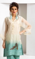 Shaded organza kurta in an off-white and blue colour with crochet lace detailing and sequined fish motif embellishment, accompanied by blue silk wide leg pants with embroidered organza panelling