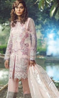 Embroidered Front on Pure Organza Embroidered Front Border 30 Inches Embroidered Back on Pure Organza 1 Meter Embroidered Back Border 30 Inches Embroidered Sleeves on Pure Organza Embroidered Trouser Border 44 Inches Inner Raw Silk 2.5 Yards Trouser Raw Silk 2.5 Yards Dupatta Foil Print