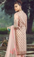 Embroidered Front on Pure Organza Embroidered Back on Pure Organza 1 Meter Embroidered Front + Back Border 60 Inches Embroidered Front Border 30 Inches Embroidered Sleeves on Pure Organza Inner Raw Silk 2.5 Yards Trouser Raw Silk 2.5 Yards Embroidered and Embellished Net Dupatta