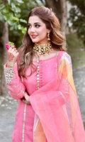 Shirt is in organza with embroidered sleeves. Sequence spray on undershirt. Organza dupatta with chiffon sharara.