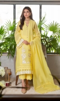 The striking shade of yellow, cut from resham cotton net, incorporated with light-colored pearls and diamontes on the neckline. The shirt is further enhanced with laces, pleats, and off-white embroidered accents to set a dreamy mood. This shirt is paired with matching raw silk culottes featuring laces and a cotton net dupatta with self-laces that completes the look.