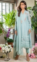 A pretty sky blue kurta uplifted by light pearl work on the neckline enhanced with delicate floral motifs in shades of light pink and powder blue embellishments with pearls and diamontes, this is further enhanced with laces on the border and sleeves. You can pair it with our matching raw silk culottes and a cotton net dupatta with self laces and pleats for a more classic look.
