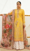 Embroidered Shirt Front  (Lawn) 0.65 Meters Embroidered Shirt Back  (Lawn) 0.78 Meters Embroidered Sleeves  (Lawn) 0.65 Meters Embroidered Trouser (Cotton) 1.56 Meters Embroidered Back Border  (Lawn) 1.00 Piece Embroidered Side Extensions Patti Front (Lawn) 2.23 Meters Embroidered Dupatta Pallu (Organza) 2.23 Meters Printed Finishing For Shirt  (Satin Silk) 0.5 Meters Embroidered Sublimation Dupatta (Organza) 2.50 Meters