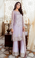 Embroidered chiffon for front  Plain chiffon for back  Embroidered organza for back neck patch  Embroidered organza border for front & back  Embroidered chiffon for sleeves  Embroidered chiffon for dupatta  Raw silk for trousers  Embroidered organza border for trousers
