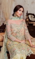 Embroidered chiffon for front  Embroidered chiffon for back  Embroidered organza border for front & back  Embroidered chiffon for sleeves  Plain chiffon or dupatta  Embroidered organza border for dupatta  Embroidered organza motifs for dupatta corner  Raw silk for trousers  Embroidered organza border for trousers