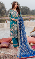 Embroidered chiffon for front  Embroidered organza for front daman patch  Embroidered organza border for front & sleeves  Embroidered chiffon for back  Embroidered organza border for back  Embroidered chiffon for sleeves  Embroidered chiffon for dupatta  Raw silk for trousers  Embroidered organza border for trousers