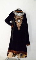 Fabric: Embroidered High Low Velvet Flared Shirt, Gold Masuri Pant, Organza Dupatta
