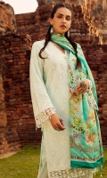 Schiffli Embroidered Front (Pima Cotton) Schiffli Embroidered Sleeve (Pima Cotton)​ Schiffli Embroidered Back (Pima Cotton)​ Dyed Trouser (Pima Cotton)​ Digital Print Dupatta (100% Pure Chinese Silk)​ Double Lace for Daaman & Sleeve (2.5 YD)