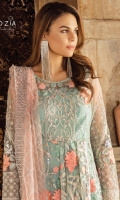 Embroidered net for front & back yoke: 0.75 yard  Embroidered net jaal for front & back: 2.50 yards  Embroidered organza border for front & back: 4.25 yards  Embroidered net for sleeves: 0.75 yard  Embroidered organza border for sleeves & trousers: 2 yards  Embroidered net for dupatta: 2.75 yards  Raw silk for trouser: 2.50 yard