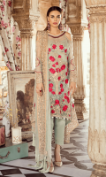 Embroidered chiffon for front: 1 yard  Embroidered chiffon with handmade embellishment for neck patch: 1pcs  Embroidered organza 1inces border for front: 1 yard  Embroidered chiffon for back: 1.25 yards  Embroidered organza border for back: 1.50 yards  Embroidered chiffon for sleeves: 0.75 yard  Embroidered organza border for sleeves: 1 yard  Embroidered chiffon for dupatta: 2.75 yards  Raw silk for trousers: 2.50 yards  Embroidered organza motifs for trousers: 2 p