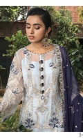 Embroidered chiffon for front: 1 yard  Embroidered organza border for front & trousers: 2 yard  Dyed plain chiffon for back: 1 yard  Embroidered organza motif for back: 1 pc  Embroidered organza border for back: 1 yard  Embroidered chiffon for sleeves: o.75 yard  Embroidered organza border for sleeves: 1 yard  Embroidered chiffon for dupatta:  Dyed raw silk for trousers: 2.50 yards