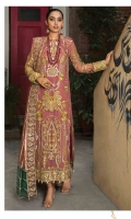 Embroidered chiffon for shirt: 1 yard  Embroidered chiffon for back: 1 yard  Embroidered organza border for front & back: 2 yards  Embroidered chiffon for sleeves: 0.75 yard  Embroidered organza border for sleeves: 1 yard  Embroidered organza motifs for sleeves: 2pcs  Embroidered lurex organza for dupatta:  Dyed raw silk for trousers: 2.50 yards  Embroidered organza border for trousers: 1 yard