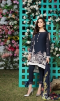 Embroidered swiss lawn for front  Embroidered swiss lawn for back  Embroidered swiss lawn border for back: 1 yard  Embroidered swiss lawn for sleeves: 0.75 yard  Embroidered swiss lawn 1 inch border: 1 yard  Printed chiffon dupatta: 2.75yard  Cotton trousers: 2.5 yards