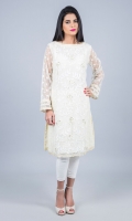 Floating petals ivory net appliquéd shirt with zari and dull gold sequinned flowers all over the front.