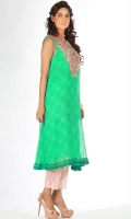 Spanish Emerald chiffon screen print top; neckline in ari work with sequins and Swarovski stones, daman finished with net lace.