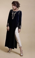 Blue velvet shirt with asymmetrical sides with intricate hand embellishments.Dull gold cotton silk pants complementary.