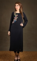 Black chiffon with birds of paradise embroidery at front. Black trousers