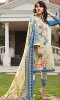 EMB PRINTED LAWN SHIRT : 3 MTR PRINTED TROUSER : 2.5 MTR  JACQUARD PRINTED LAWN DUPATTA : 2.5 MTR ACCESSORIES 3D FLOWER : 1 PC LACE : 1 PC