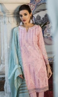 Shirt Front: Embroidered Lawn Shirt Back: Embroidered Lawn  Sleeves: Embroidered Lawn  Dupatta: Dyed Khadi Shawl Sleeves Lace: Organza Embroidered Daman Lace: Organza Embroidered Trouser: Dyed Cambric